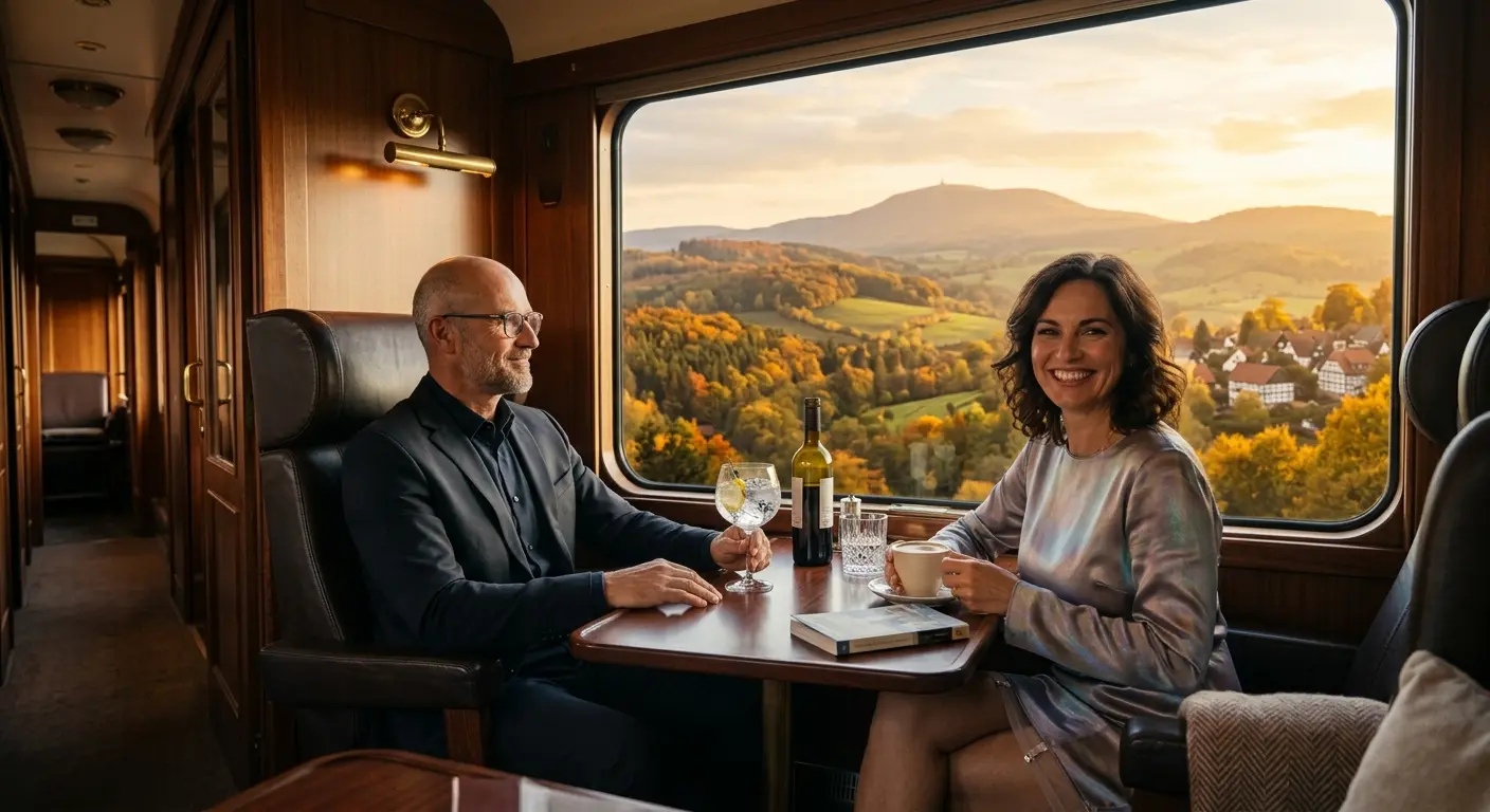 Tony und Tippi im stilvollen Zugabteil mit Blick in die Rhön