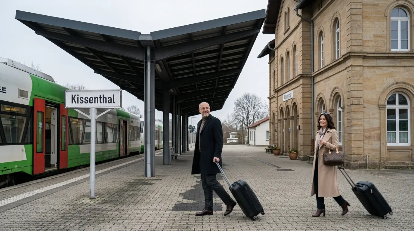 Tony und Tippi mit Reisekoffern am Bahnhof Kissenthal, bereit für das nächste Abenteuer