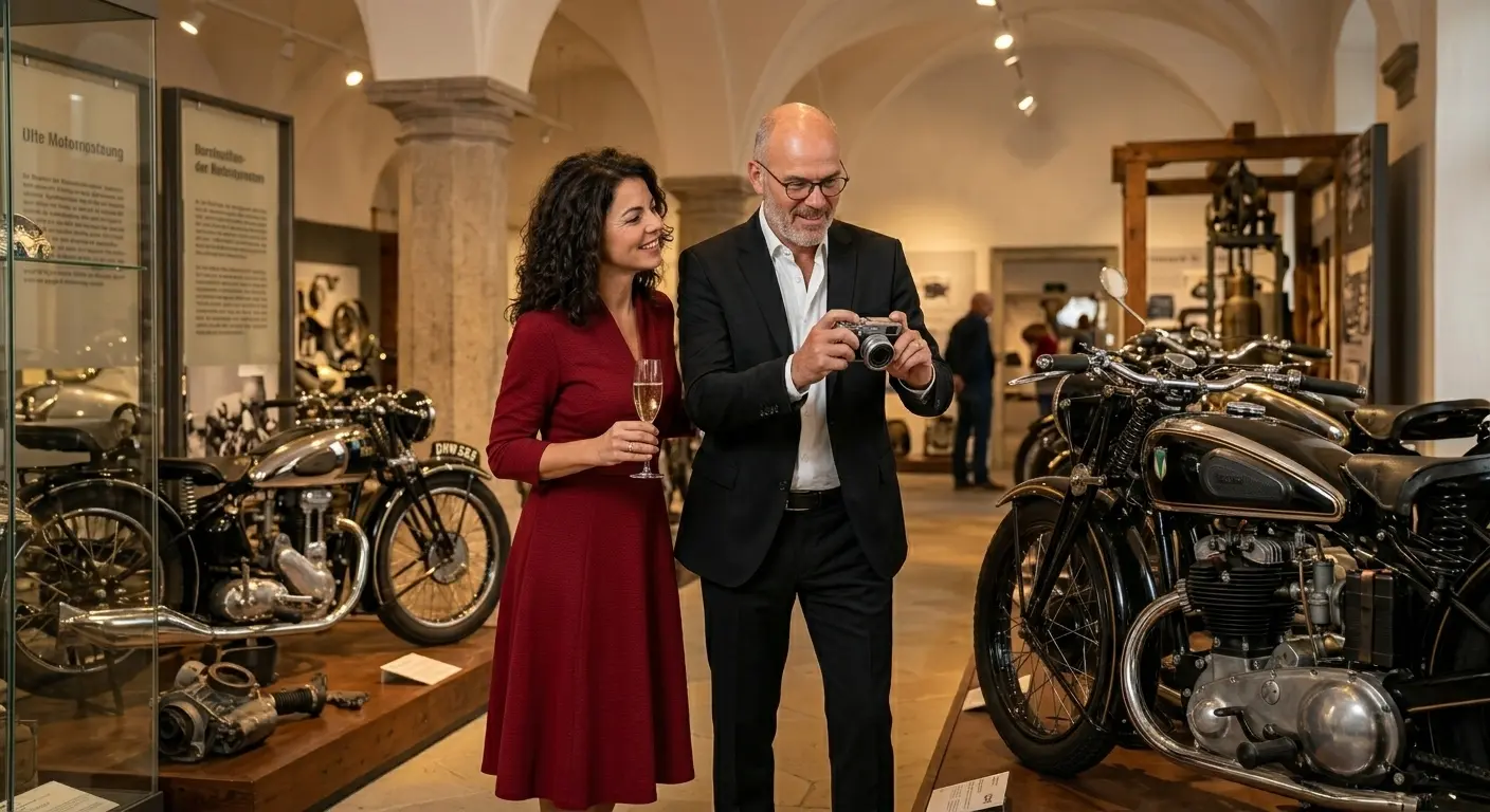 Tony begeistert vor historischen Motorrädern, Tippi lächelt amüsiert