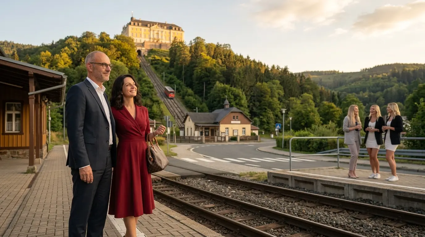 Tony und Tippi am Bahnhof Erdmannsdorf mit Blick zur Drahtseilbahn