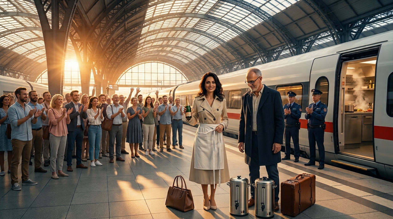 Tippi und Tony werden auf dem Münchner Bahnsteig von applaudierenden Fahrgästen wie Rockstars gefeiert