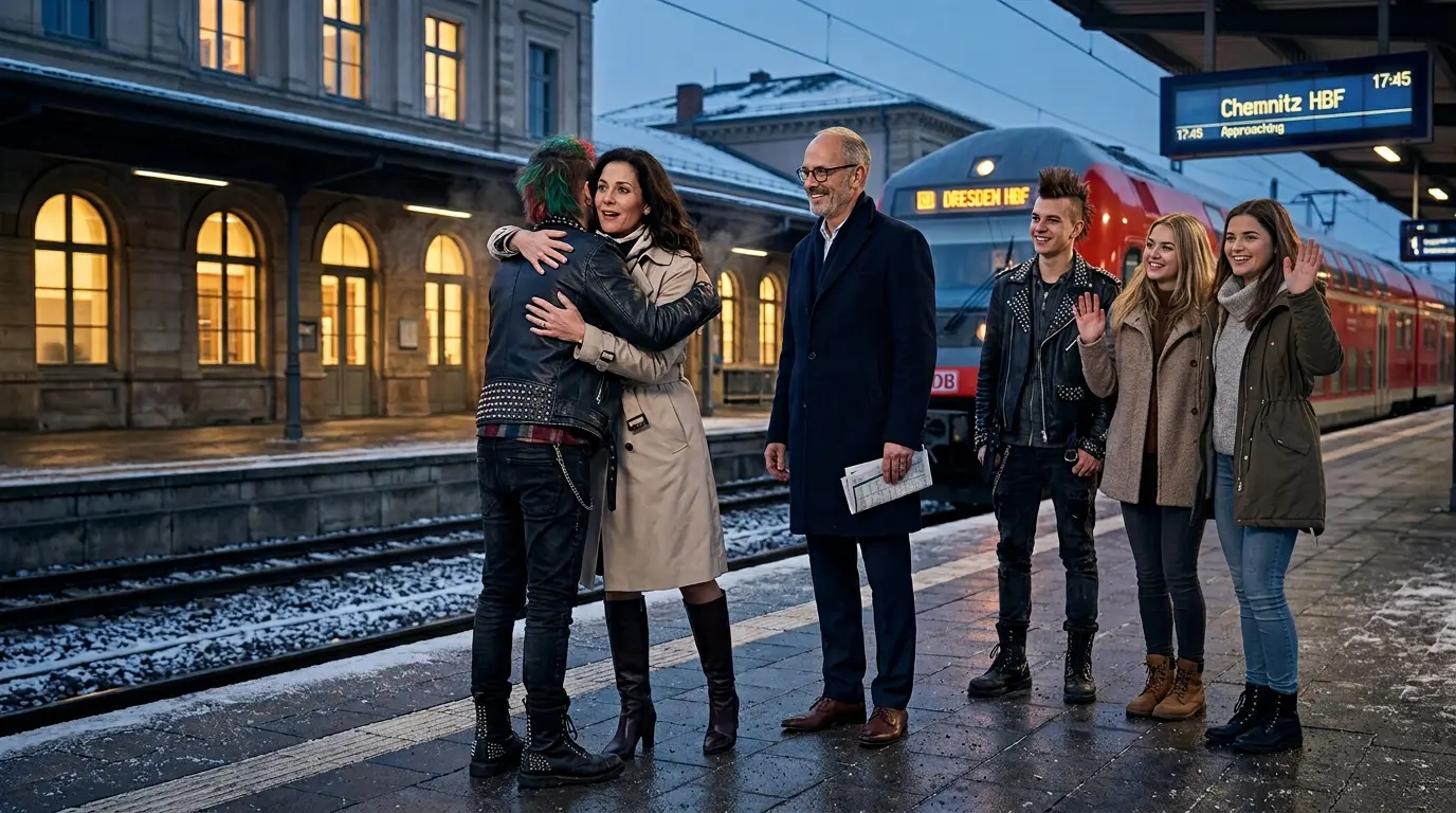 Ein Punk umarmt Tippi herzlich am Bahnsteig, während Tony amüsiert zuschaut