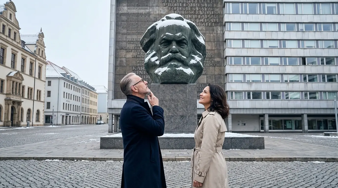 Tony und Tippi vor dem Nischel-Denkmal in Chemnitz