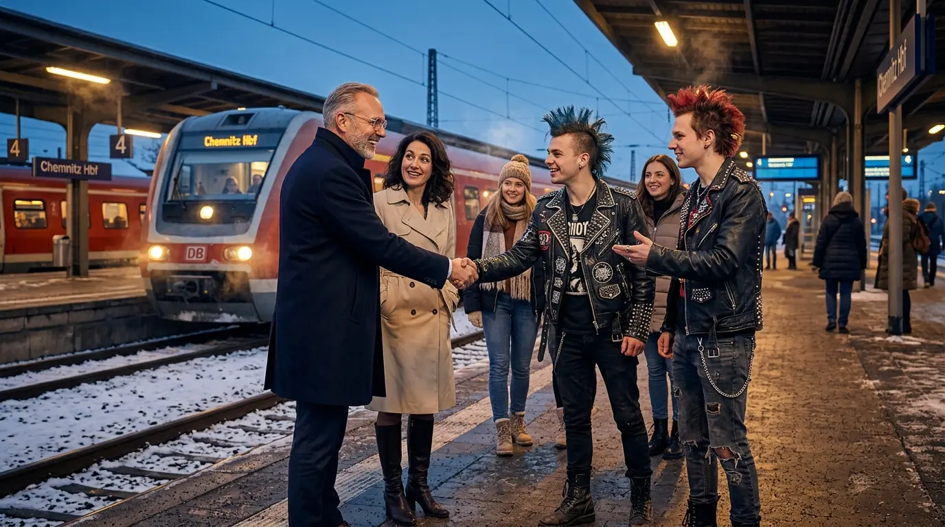 Tony und Tippi verabschieden sich von den Punks am Chemnitzer Hbf