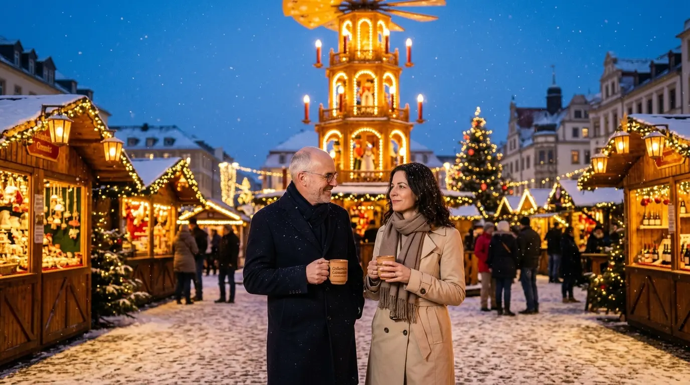 Tony und Tippi mit Glühwein vor der Chemnitzer Weihnachtspyramide