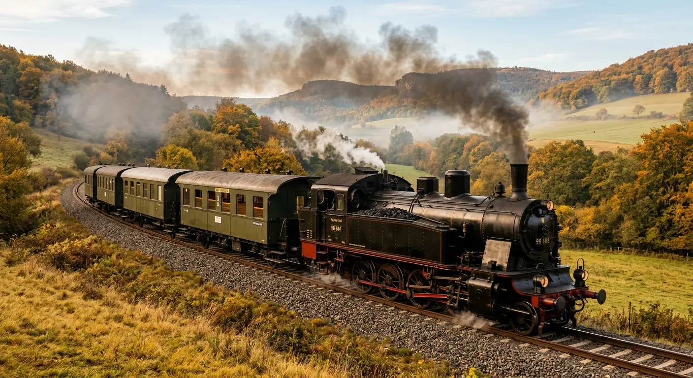 Die historische Dampflok 98 886 mit vier olivgrünen Donnerbüchsen-Waggons im Streutal