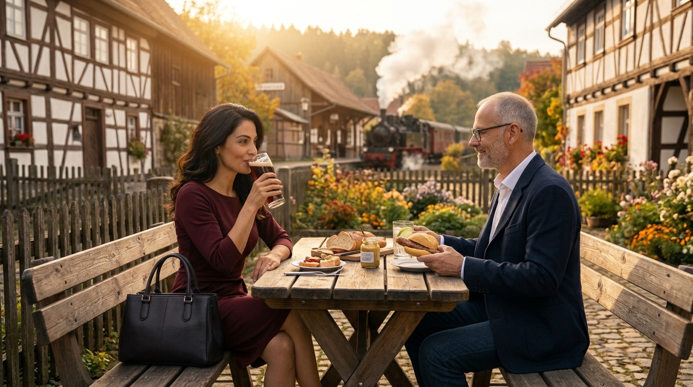 Tony und Tippi genießen Bratwurst und dunkles Bier im idyllischen Freilandmuseum Fladungen, im Hintergrund dampft die historische Lok