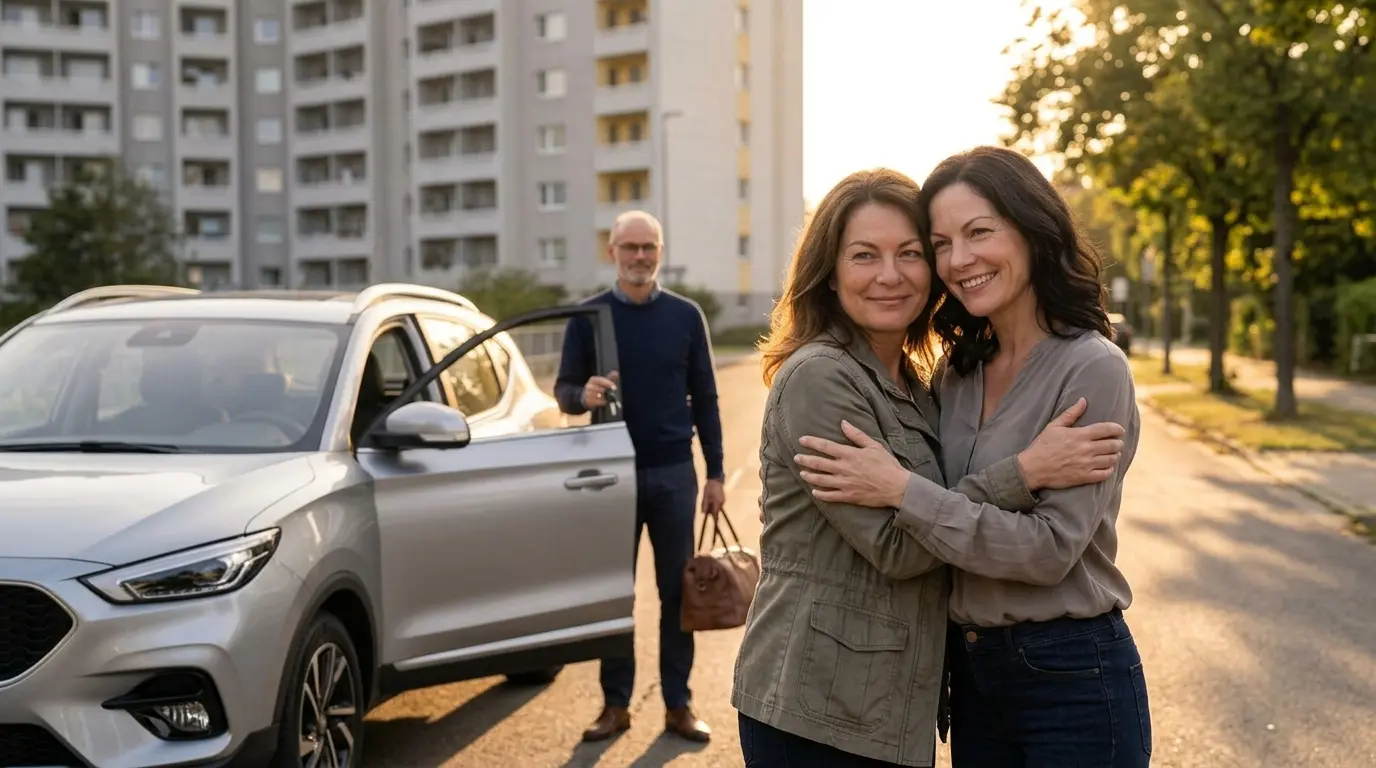 Tony, Tippi und Mona verabschieden sich vor dem Wohnblock in Langenfeld, im Hintergrund der silberne MG ZS
