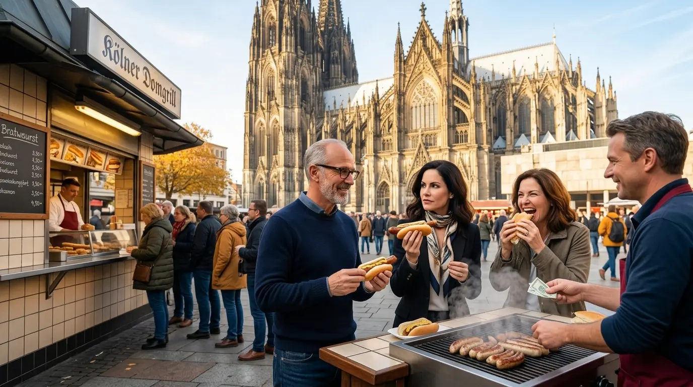 Tony, Tippi und Mona essen Bratwurst vor dem Kölner Dom