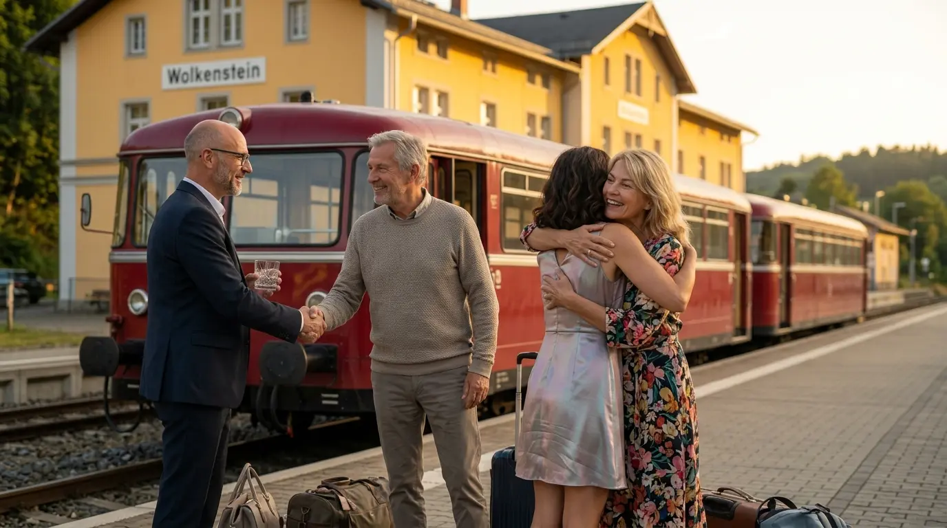 Tony und Tippi werden am gelben Bahnhof Wolkenstein empfangen