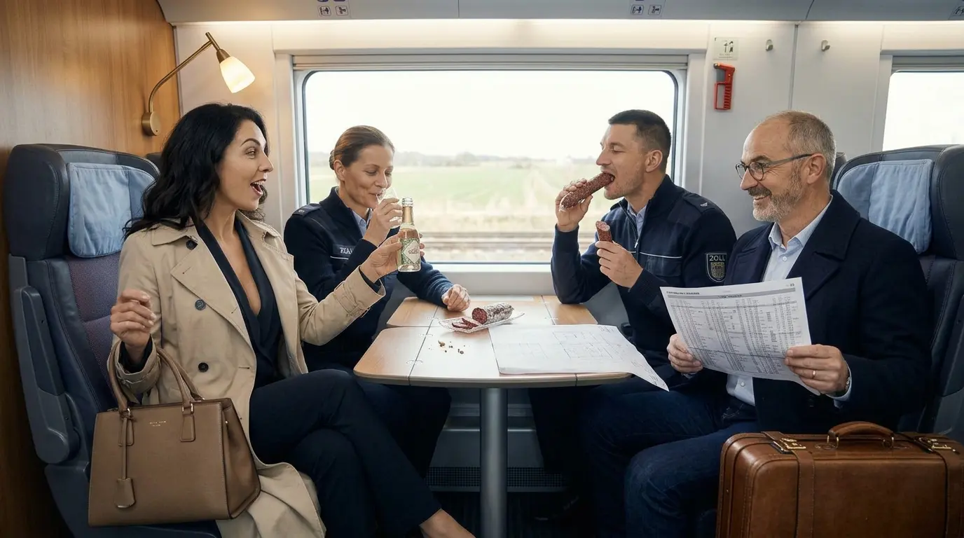 Die Zollbeamten genießen die Trüffel-Bratwurst und den Gin bei Tony und Tippi im Abteil
